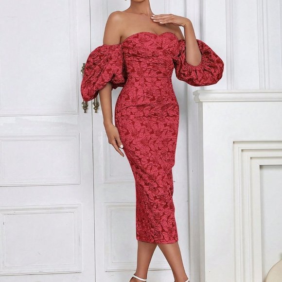 Red Preppy Womens Off Shoulder Puff Sleeve Split Back Floral Jacquard Dress - Picture 3 of 5